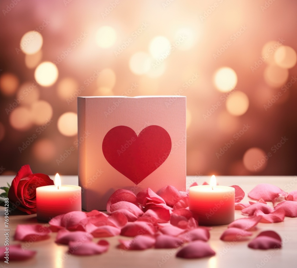 Aufkleber a card with a heart and two candles on the table. generative ai.