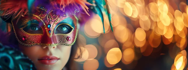 Zelfklevend Fotobehang Carnaval Beautiful young woman with wearing multicolored carnival mask with feathers. Girl wearing costume celebrating carnival. Bokeh lights in background. Generative AI