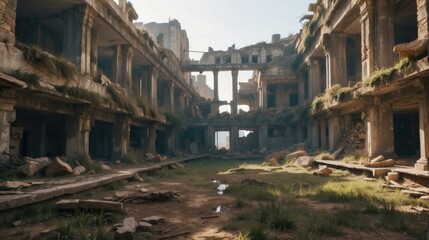 A very old abandoned building with lots of rubble and grass. Generative AI.