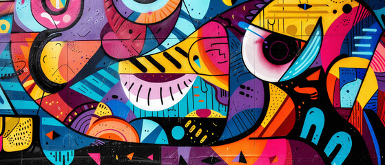Vibrant graffiti-style lettering intertwines with detailed abstract designs, creating a visually striking street art composition that enlivens the city streets with its bold colors and dynamic shapes.