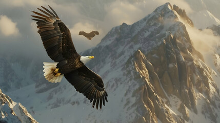 Majestic bald eagle soaring above rugged mountain peaks