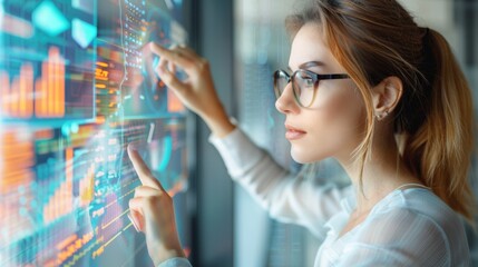 Business analysis, business woman referring to large touch screen.