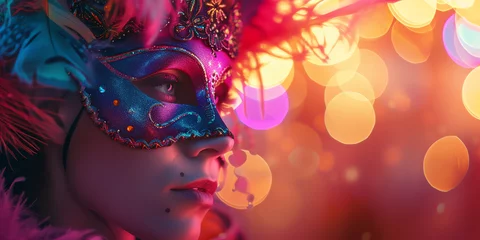 Photo sur Plexiglas Carnaval Beautiful young woman with wearing multicolored carnival mask with feathers. Girl wearing costume celebrating carnival. Bokeh lights in background. Generative AI