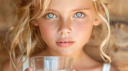 Portrait of a little girl with blue eyes and blond hair with a glass of water