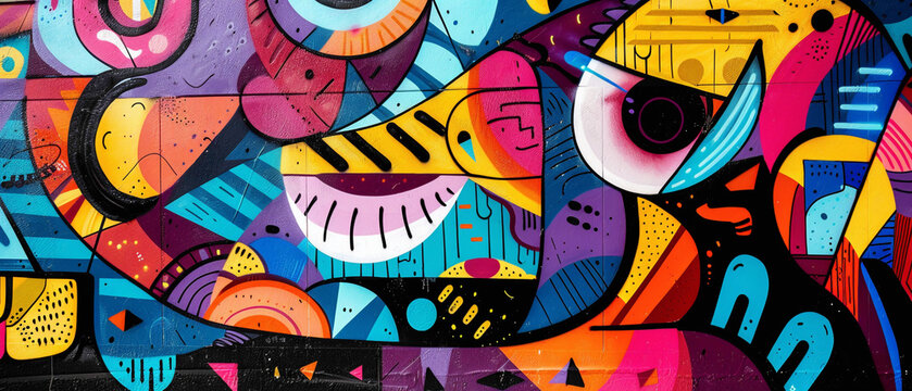 Naklejki Vibrant graffiti-style lettering intertwines with detailed abstract designs, creating a visually striking street art composition that enlivens the city streets with its bold colors and dynamic shapes.