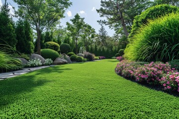 Obraz premium Landscape design showcases a beautiful garden with a lush green lawn, vibrant flowers, and manicured shrubbery in a serene setting