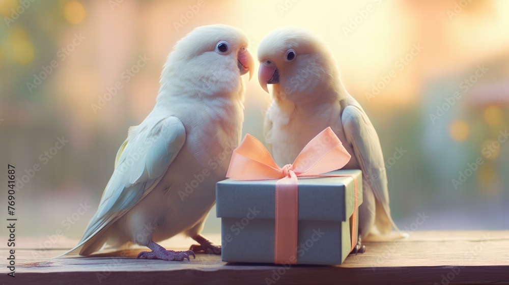 Aufkleber two birds are sitting on a table with presents in front of them. generative ai.