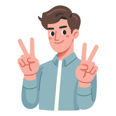Man showing peace sign vector illustration, happy male gesturing peace victory sign with hand, gladness, joyfulness, positive emotion design template isolated on white background