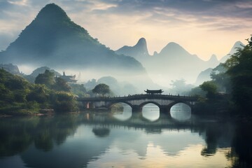 Li River over a river with trees and mountains in the background - obrazy, fototapety, plakaty
