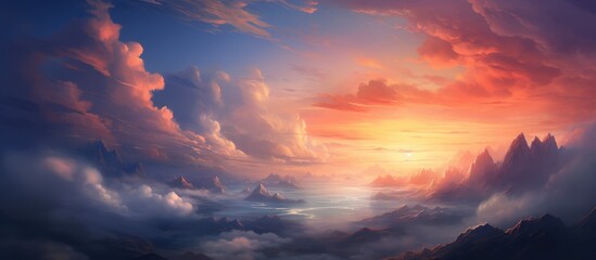 Scenic artwork depicting a vivid sunset casting warm hues over a majestic mountain range, with fluffy clouds adding drama to the sky