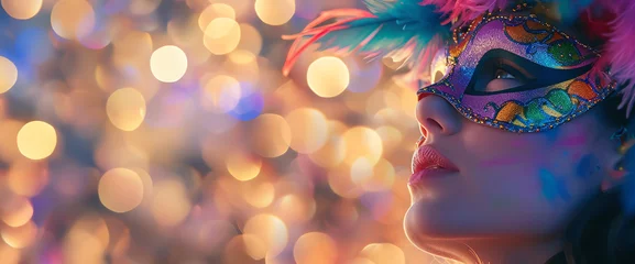 Gordijnen Beautiful young woman with wearing multicolored carnival mask with feathers. Girl wearing costume celebrating carnival. Bokeh lights in background. Generative AI © Olena