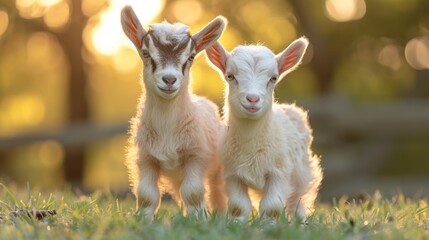 Fototapeta premium Two cute little baby goats playing on a green grass field