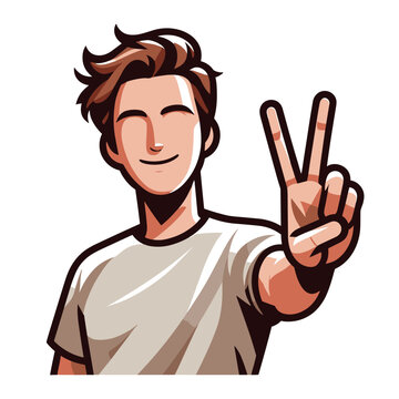 Man showing peace sign vector illustration, happy male gesturing peace victory sign with hand, gladness, joyfulness, positive emotion design template isolated on white background