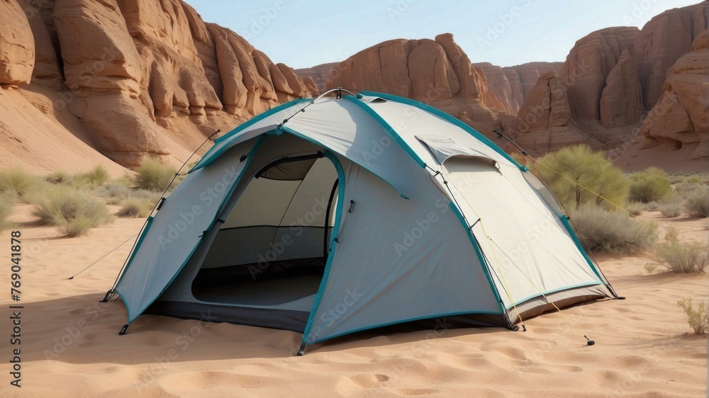 Poster a tent is pitched in the desert with a view of mountains. generative ai.