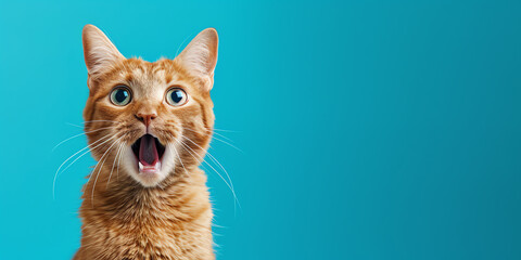 Surprised shocked cat with open mouth and big eyes isolated color background. Copy space. Generative AI