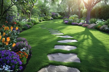 A verdant garden path edged with stepping stones and vivid plants, inviting a walk in nature's embrace