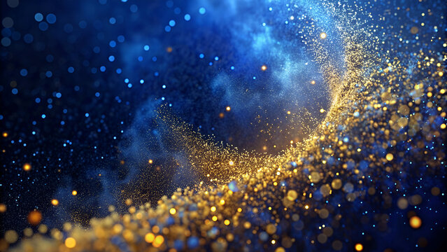 abstract background with Dark blue and gold particle. Golden light shine particles bokeh on navy blue background. Gold foil texture. Holiday concept.