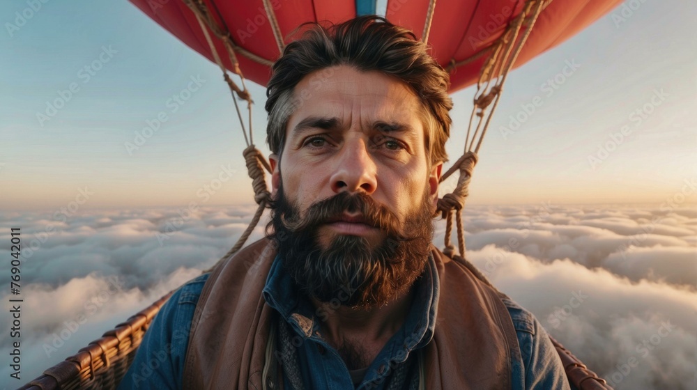 Aufkleber a man with a beard is in the air on top of clouds. generative ai.