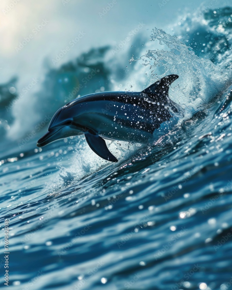Poster a dolphin is swimming in the ocean with waves crashing behind it. generative ai.