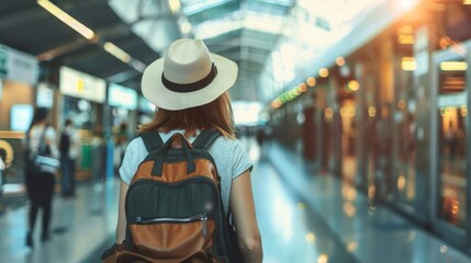 Solo Traveler Walking Through Airport Terminal - obrazy, fototapety, plakaty