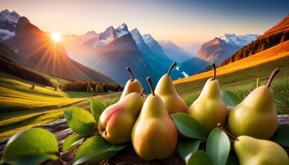   A group of pears on a tree stump in front of mountains at sunset