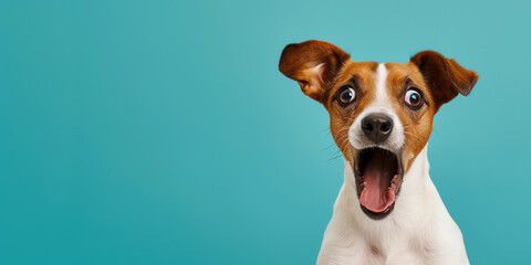 Surprised dog with open mouth and big eyes isolated color background. Copy space. Generative AI