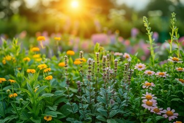 Warm sunlight bathes a field of diverse wildflowers, evoking feelings of peace and the beauty of nature's cycles