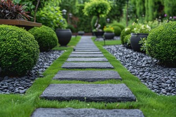 A serene garden path lined with round shrubs, black pebbles, and square stepping stones invites a sense of calm and order
