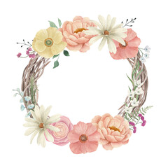 Watercolor wedding vintage wreath. Hand drawn floral isolated illustration on white background. - 769042208