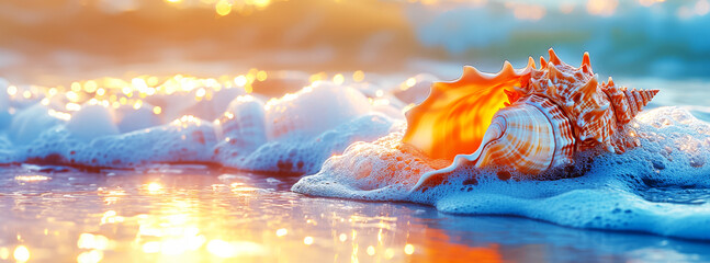A large shell floats in the ocean.Golden Sunrise over Sea Shell in Ocean Spray.Beauty of nature's marine details.