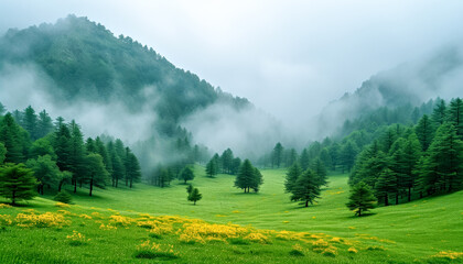 A lush green field with trees and a foggy sky. Natural mountains and forest landscape