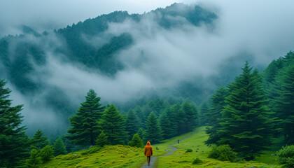 A person is walking through a forest with a cloudy sky above. Natural mountains and forest landscape