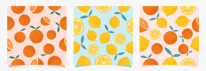 Seamless vector pattern set with oranges and lemons. Hand-drawn summer vector backgrounds and textures.