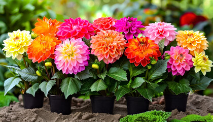 Colorful dahlias flowers in small pots. Gardening and Flowering background.