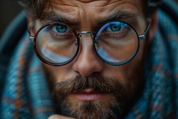 Macro shot of a man's intense eyes looking at the camera, wearing round glasses and a scarf