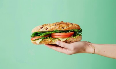 Hand holding a delicious fresh sandwich - A hand presenting a tasty sandwich with crispy bread, fresh lettuce, cheese, and tomato slices on a green background - obrazy, fototapety, plakaty