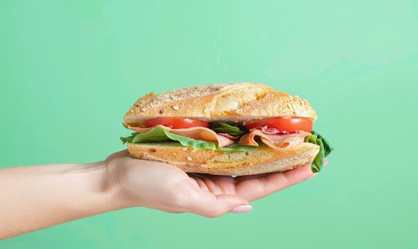 Crunchy bagel with fresh vegetables held - Evoking a sense of hunger and wellbeing, this image captures a hand holding a delectable bagel sandwich with crisp vegetables on a green backdrop