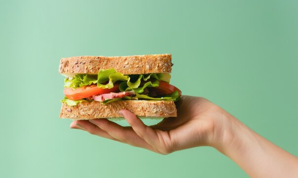 Hand presenting a stacked sandwich - Capturing a moment of decision-making, this vibrant image showcases a hand holding a stacked sandwich with fresh ingredients against a green backdrop