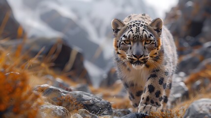 rare sight of a snow leopard, prowling stealthily through the rugged terrain of the Himalayas, its fur blending seamlessly with the rocky landscape, in cinematic 16k high resolution. - obrazy, fototapety, plakaty