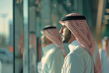 Blur of traditional men in the Middle East - Traditional Middle Eastern men in candid, vibrant attire captured in a bustling urban environment - obrazy, fototapety, plakaty