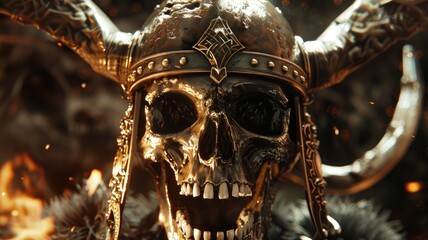 Close-up of ornate viking skull with horns - Intricate details on a Viking-style skull with horned helmet, glowing eyes, and fiery atmosphere - obrazy, fototapety, plakaty
