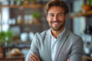 Fototapeta premium Handsome young businessman in a suit poses confidently in a stylish interior setting