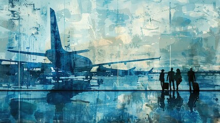 Watercolor airport silhouette scene - Artistic representation of an airport terminal with silhouettes of people, planes, and reflections, styled in watercolor