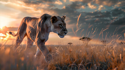 Majestic lioness roaming savannah at dusk - obrazy, fototapety, plakaty