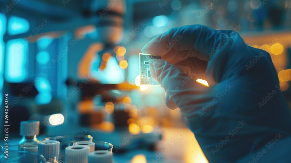 Poster scientist holding microchip in futuristic lab - close-up of a researcher's hand with a glove holding