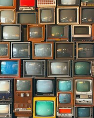 Collection of vintage televisions on wall - A wall full of assorted old-fashioned television sets creating a retro display of technology history