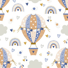 Seamless pattern with spring hot air balloons. Flowers, rainbows, clouds, comets. Vector illustration.
