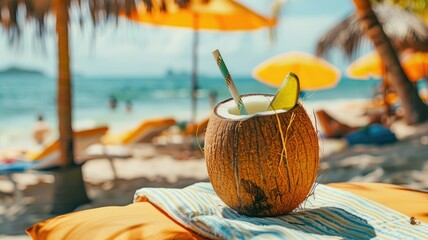 Coconut drink on tropical beach scene - A refreshing coconut drink with a straw on a sandy beach with sea backdrop, conveying vacation and leisure - obrazy, fototapety, plakaty