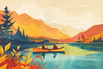 a couple of people in a canoe on a lake - obrazy, fototapety, plakaty