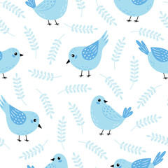 Cute birds and leaves seamless pattern. Blue cartoon birds wallpaper. Animals or nature theme. Flat design. Vector illustration on white background.